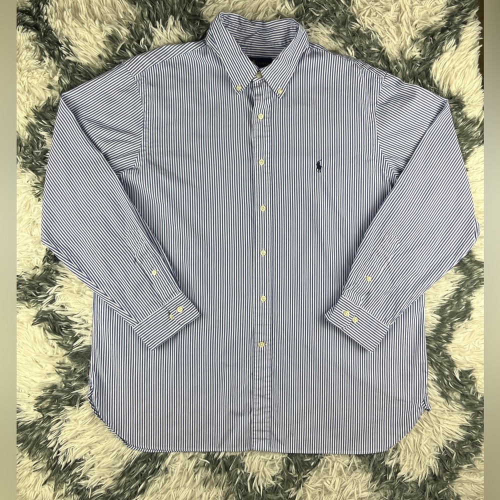 Ralph Lauren Men’s Blue White Striped Long Sleeve Button Up Shirt Size 17 1/2